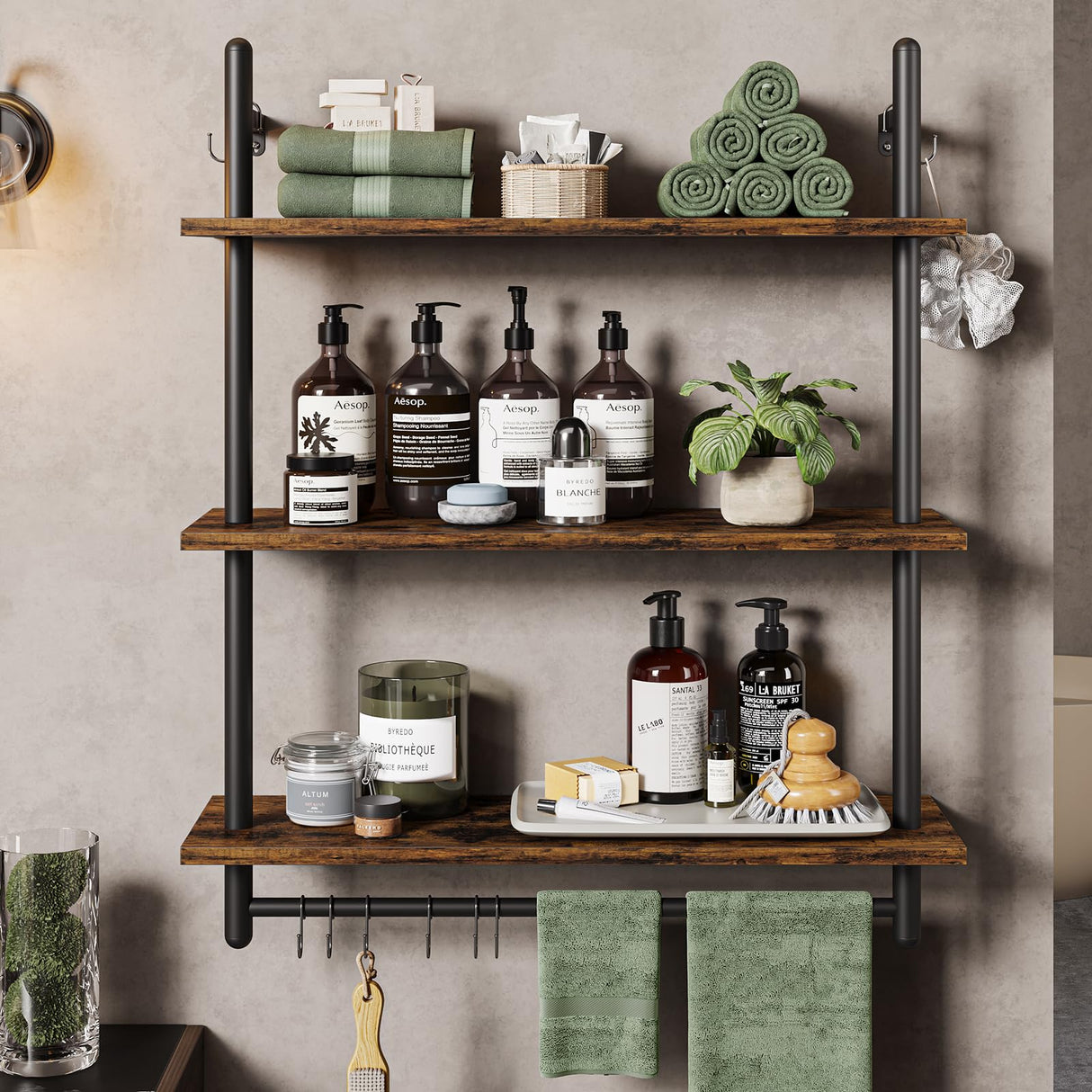 Bestier 3 Tier Industrial Pipe Shelving, Floating Book Shelves for Wall, Storage Hanging Shelves with Towel Bar for Bathroom Organizer Bedroom Kitchen Plants Office. 31.5 Inch Rustic Brown Bestier