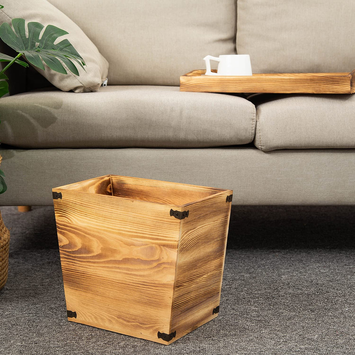 VERGOODR Grey Farmhouse Style Torched Wood Trash Can Waste Bin with Decorative Metal Brackets Trash Can for Bedroom,Living Room, Bathroom & Office (Brown) VERGOODR