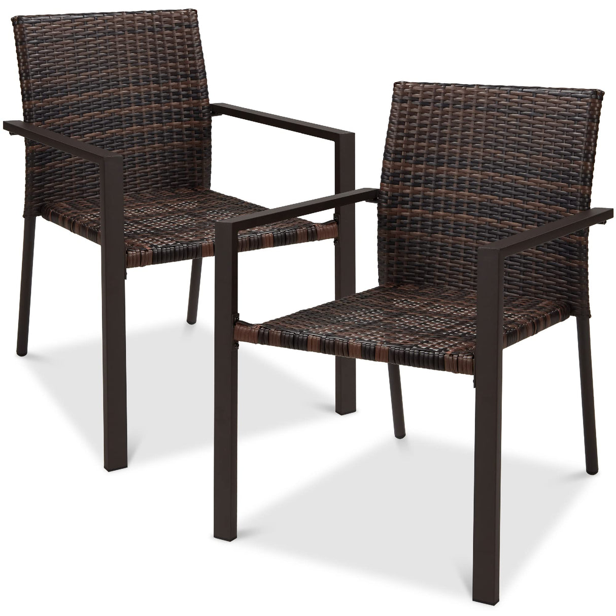 Best Choice Products Set of 2 Stackable Outdoor Wicker Dining Chairs All-Weather Firepit Armchair w/Armrests, Steel Frame for Patio, Deck, Garden, Yard - Brown Best Choice Products