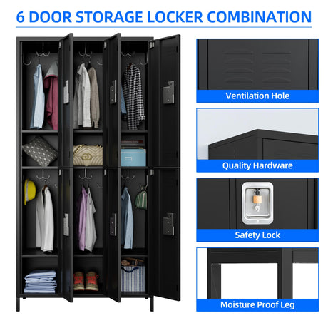 Aobabo Metal Storage Locker for Office Gym Bedroom Dormitory, 6 Doors Steel Storage Locker Cabinet for Employees, Industrial Storage Locker with 12 Hooks, Black (6 Door-Black), Assembly Required Aobabo