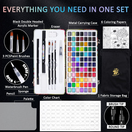 TBC The Best Crafts 84 Colors Watercolor Paint Set For Kids, Students and Artists, Amateur,Beginner.Set includes Coloring Sheets, Black Dual Tip Acrylic Paint Markers, Storage Bag TBC The Best Crafts