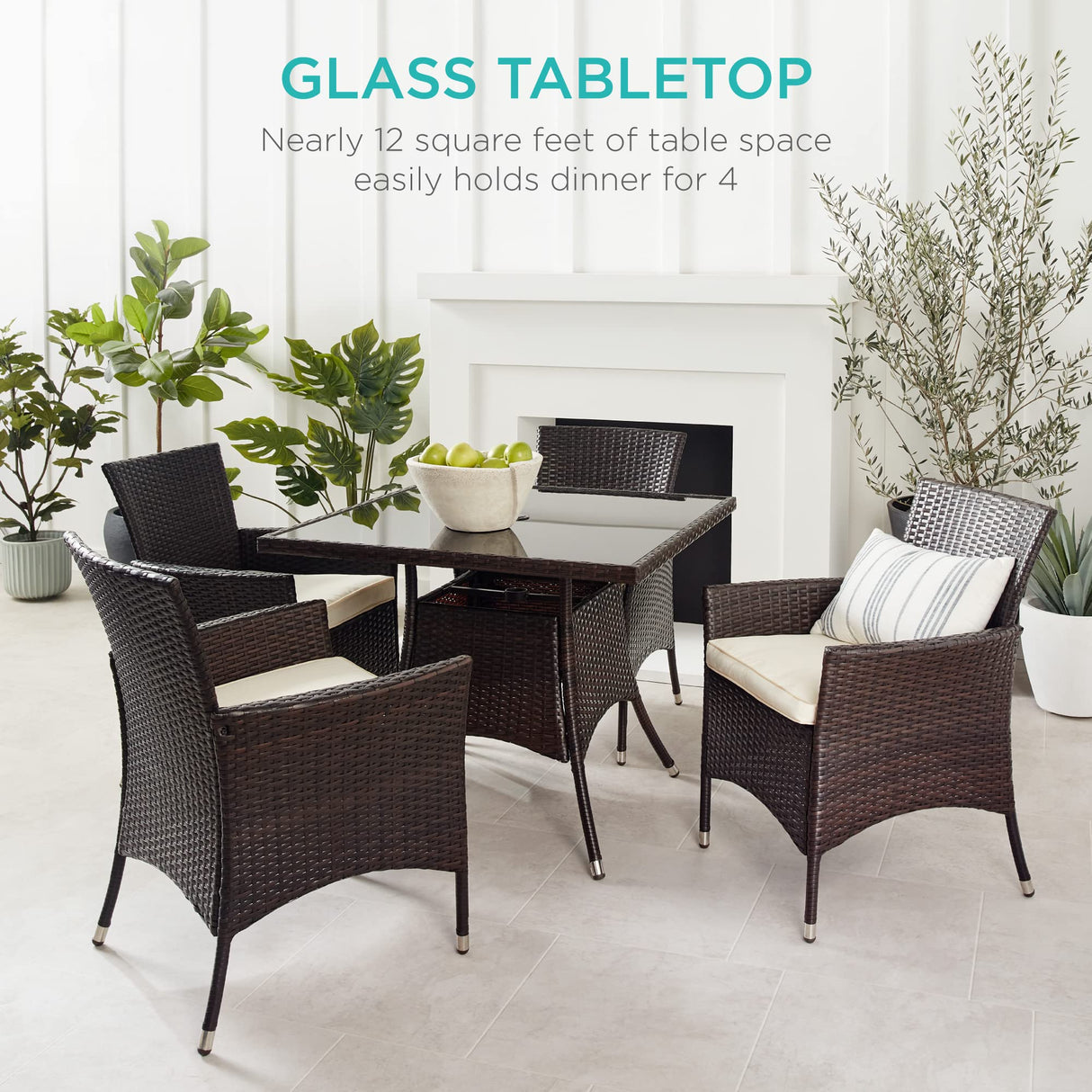 Best Choice Products 5-Piece Indoor Outdoor Wicker Dining Set Furniture for Patio, Backyard w/Square Glass Tabletop, Umbrella Cutout, 4 Chairs - Cream Best Choice Products