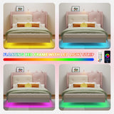 LIKIMIO Full Floating Bed Frame, Platform Bed Frame with Leather Upholstered Headboard,LED Light & Charging Station, Solid Wood Slats Support, No Box Spring Needed, Pink LIKIMIO