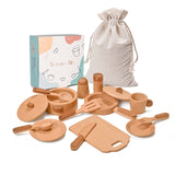 MONT PLEASANT Play Kitchen Accessories Montessori Wooden Toys Kids Kitchen Toy Set Cookware Plates Dishes Pots Pans Cooking Playset 15 Pieces Sensory Toys for Toddlers Girls Boys with Storage Bag MONT PLEASANT