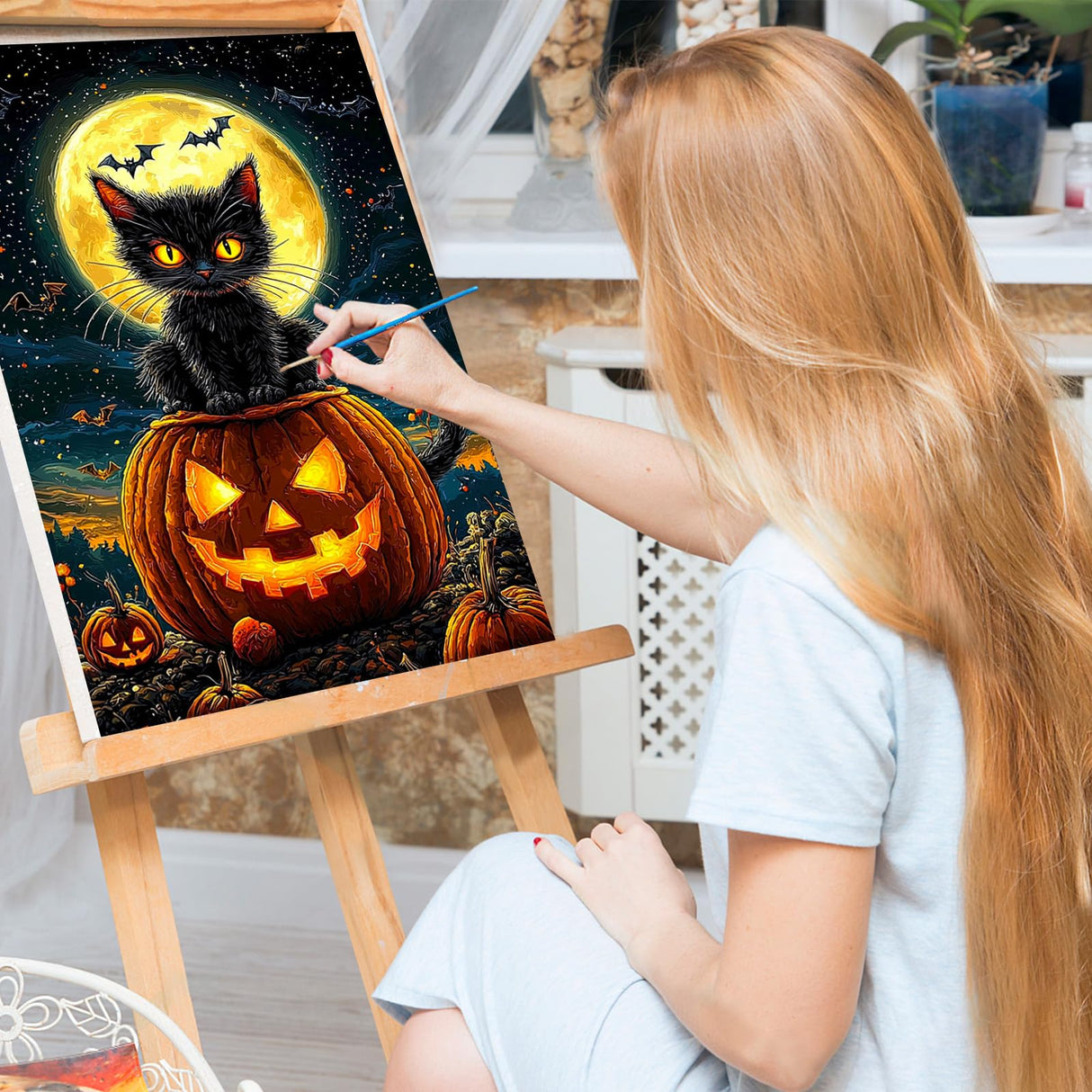Bowetile Halloween Framed Paint by Numbers for Adults Beginners, Easy Adults' Paint-by-Number Black Cat Kits on Canvas, Acrylic Number Painting Crafts Kits Halloween Gifts for Home Decor, 8x12in Bowetile