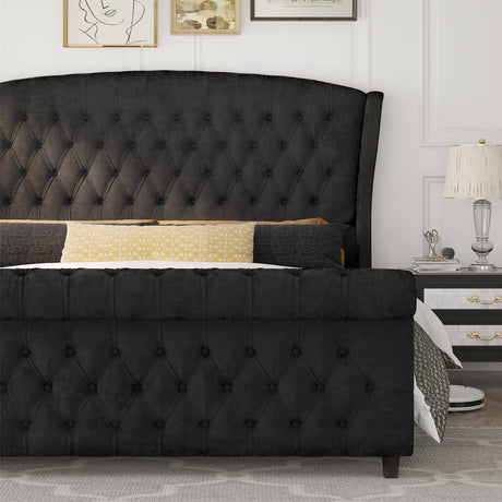 AMERLIFE King Size Platform Bed Frame, Velvet Upholstered Sleigh Bed with Scroll Wingback Headboard & Footboard/Button Tufted/No Box Spring Required/Easy Assembly/Black AMERLIFE