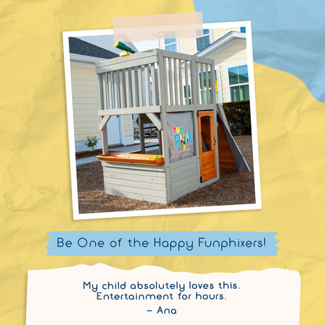 Funphix Large Playhouse for Kids Outdoor Wooden Playhouse with Sandbox, Bench, Play Telescope, Ladder, Climbing Ramp & Doors - Durable 2 Levels Lookout Post Outdoor Playset for Backyard Funphix