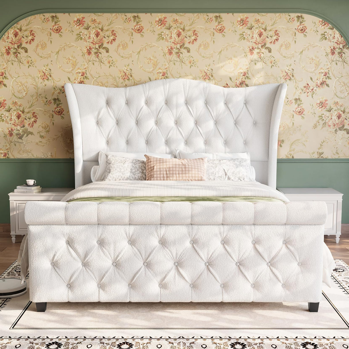 Queen Size Bed Frame-Upholstered Platform Chenille Sleigh Bed-51 inch Scroll Wingback Tall Headboard Footboard-Deep Button Tufted-Easily Assemble-Wood Slats Support-No Box Spring Required-Cream koorlian