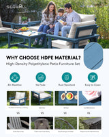 SERWALL HDPE Patio Furniture Set, 7-Piece Outdoor Sectional Sofa Set, All Weather Outdoor Couch Set for Deck, Lawn, Blue Frame with Grey Cushion SERWALL