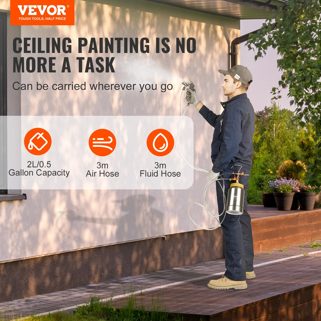 VEVOR Spray Paint Pressure Pot Tank, 2L/0.5gal Lightweight Air Paint Pressure Pot, 1.8mm Nozzle Spray Paint Gun 3m Hoses for Home Decoration Architecture Construction Automotive Painting, 45PSI Max VEVOR