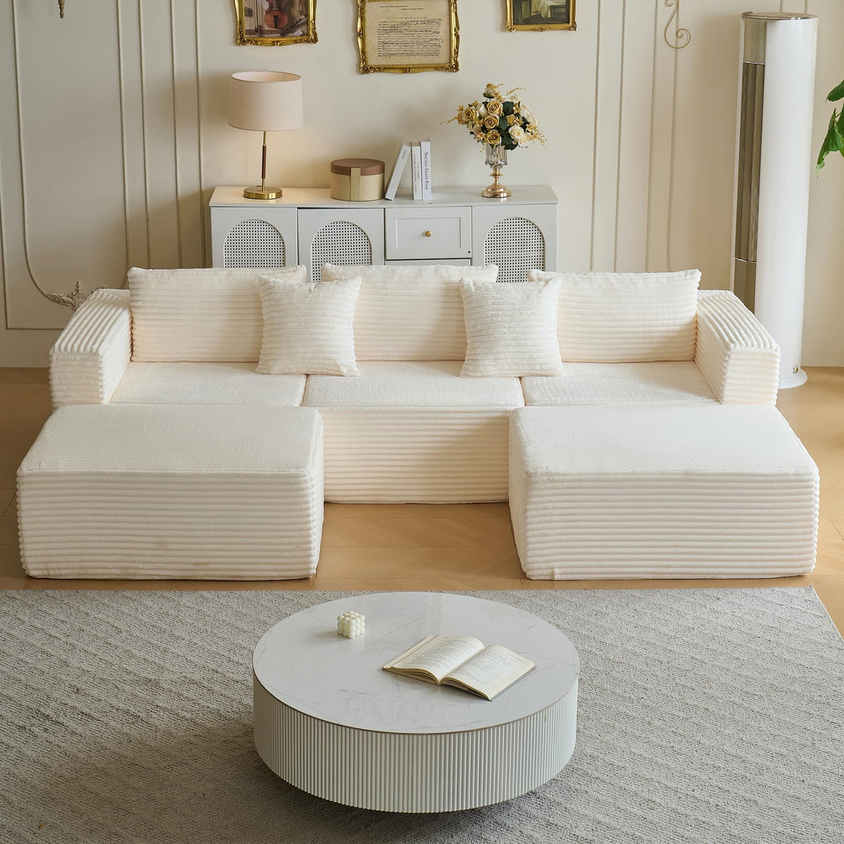 110" Modular Sectional Couch with 2 Movable Ottoman, Cloud Sofa Couches for Living Room, U Shaped Deep Seat Boneless Sofa,Luxury Corduroy Fabric, No Assembly Required White Veloflow