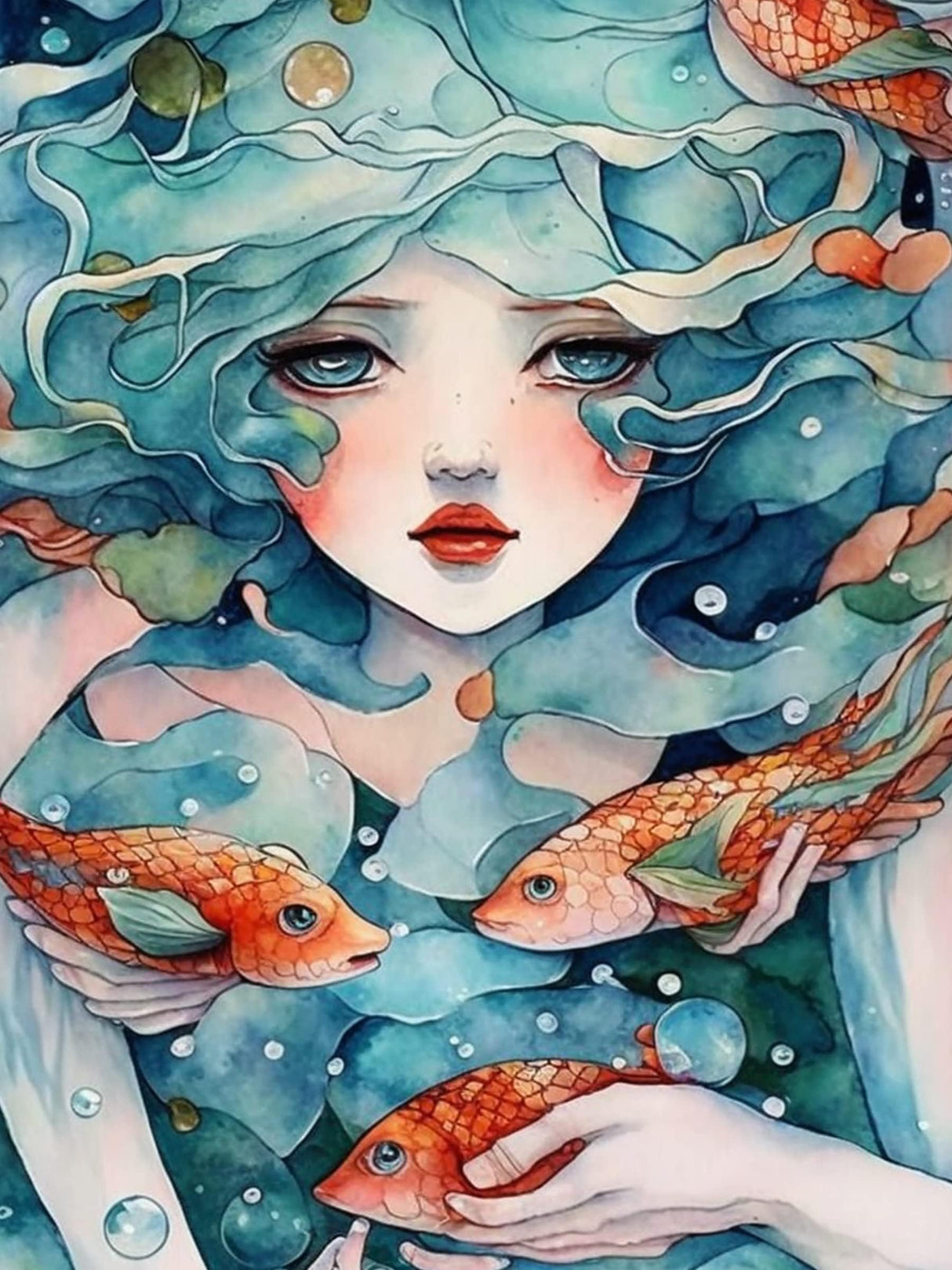 Kaliosy 5D Diamond Art Kits for Adults Fish Girl by Number Kits, Diamond Painting Art Animation DIY Full Drill Crystal Craft Cross Stitch Embroidery Decoration (12x16 inch) 30x40 cm Kaliosy