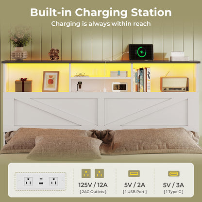 MSmask Farmhouse Queen Size Bed Frame with Storage Bookcase Headboard and 4 Drawers, Charging Station and LED Lights, Wood Platform Bed with Hidden Storage, No Box Spring Needed, White - WoodArtSupply