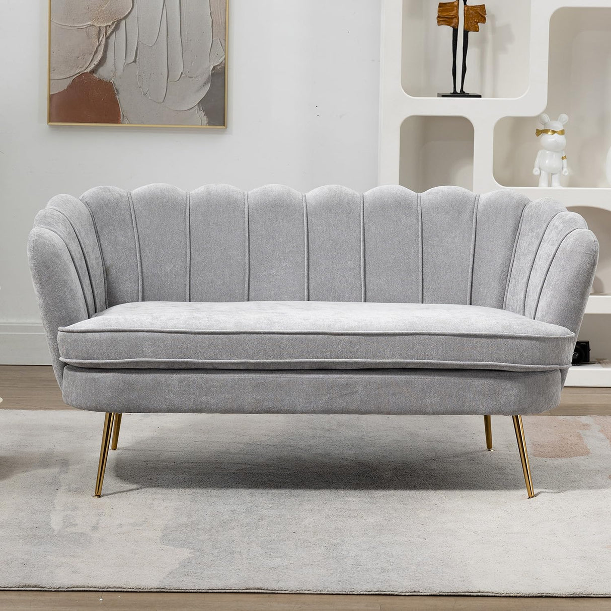 Anwick 59" Small Modern Chenille Loveseat Sofa, 2-Seater Sofa with Gold Metal Legs, Small Couch with Flower Shaped Back for Living Room Bedroom Office (Light Gray) Anwick