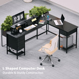 Korfile 66" L Shaped Computer Desk with Power Outlets, Corner Desk with 2 Monitor Stands, Home Office Desk with 4 Adjustable Storage Drawers & Shelves, Large Desk for Gaming Writing Study Work, Black Korfile