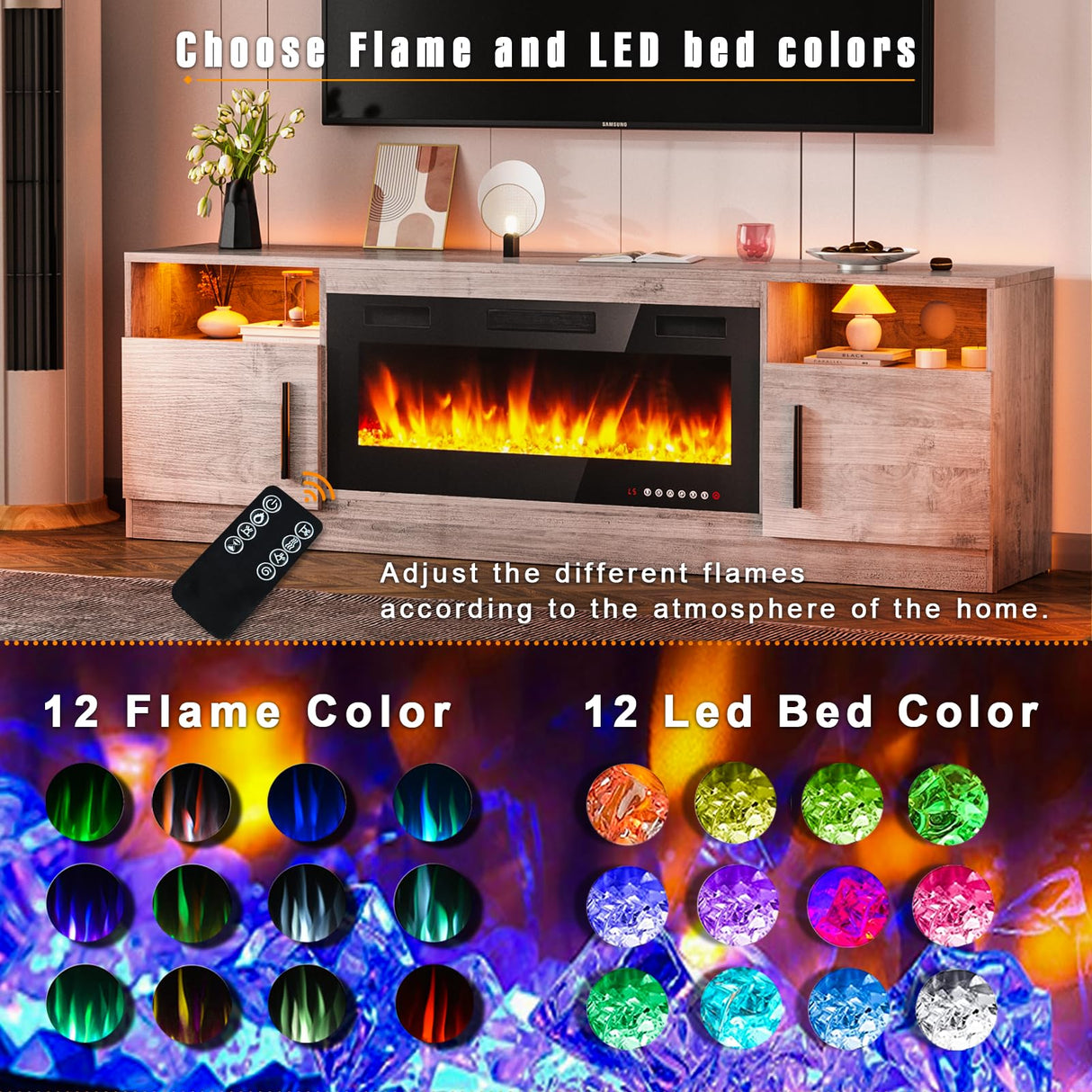 BOSSIN Fireplace TV Stand with 36" Electric Fireplace, LED Light Entertainment Center with Storage Cabinet for TVs up to 80 inch, Media TV Console with Modern Wood Texture,70 inch Gray BOSSIN