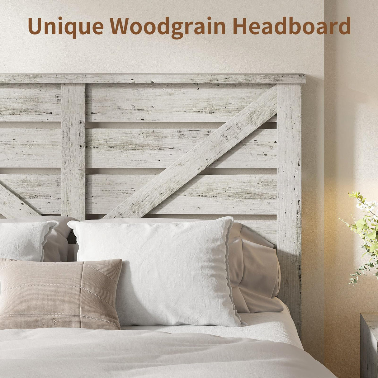 LUXOAK Queen Size Farmhouse Wooden Bed Frame, Platform Bed Frame with 49.2" Headboard/No Box Spring Needed/Noisy Free/Easy Assembly/Distressed White LUXOAK