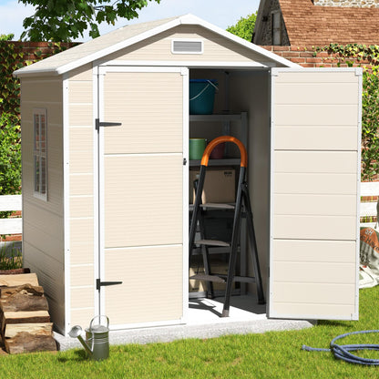 VONZOY Outdoor Storage Shed, 6x4.5 FT Resin Shed with Floor and Lockable Door, Window & Vents, Waterproof Tool Sheds & Outdoor Storage for Bike, Garbage Cans,Garden Accessories, Sandstone - WoodArtSupply