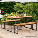 Tangkula 3 Pieces Outdoor Dining Set for 6 People, 55 inch Rectangle Patio Table & 2 Benches with Acacia Wood Tabletop, Metal Frame & Umbrella Hole, Dining Furniture for Yard, Garden, Poolside Tangkula