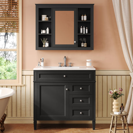 36'' Bathroom Vanity & Medicine Storage Mirror Cabinet Set with Top Single Resin Sink Countertop, Solid Wood Frame, Modern Toilet Organizers, Shelves, Tip-out Drawer, Soft Closing Doors, Wall Mount Merax