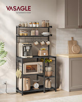 VASAGLE Bakers Rack with Power Outlet, 35.4 Inches Microwave Stand, Coffee Bar, 4 AC Outlets, with Adjustable Shelves, 8 S-Hooks, Basket, Spice Racks, Charcoal Gray and Ink Black UKKS031B22 VASAGLE
