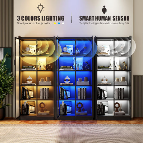 Dystler Display Cabinet with Adjustable Shelves, 65" Tall Bookcase with LED Lights/Human Sensor, 5 Tier Display Case for Collectibles Bedroom Living Room Office, Black - Transparent Acrylic Doors Dystler
