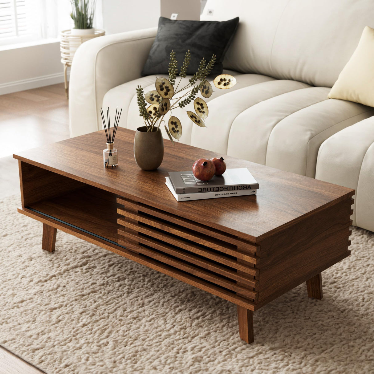MAISONARIA Mid Century Coffee Table with Storage & Sliding Fence Door, Modern Coffee Tables for Living Room, Walnut Finish MAISONARIA