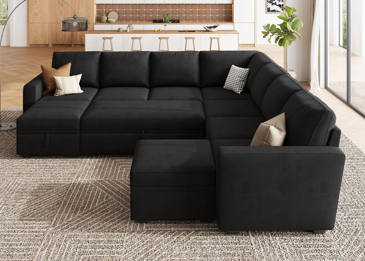 HONBAY Modular Sectional Sleeper Sofa with Pull Out Couch, Oversized U Shaped Sleeper Pull Out Bed with Storage Sectional Couches for Living Room - Black HONBAY