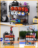 EXTCCT Garage Sports Equipment Organizer - Rolling Ball Storage Bin with Wheels, Garage Sports Gear Rack Outdoor Basketball Racks for Balls with Baseball Bat Holder and Hooks, Toy Organizer EXTCCT