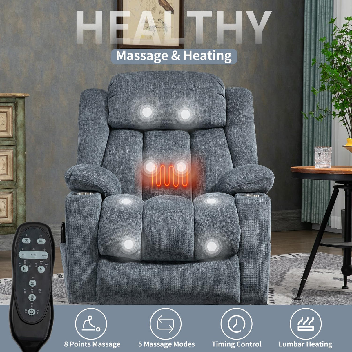 Trustyue Power Lift Chair with Full-Body Massage and Heat, Electric Recliner Chairs for Adults, Remote Control, Standing Assistance, USB Ports, Stainless Steel Cup Holders, Chenille Blue Trustyue