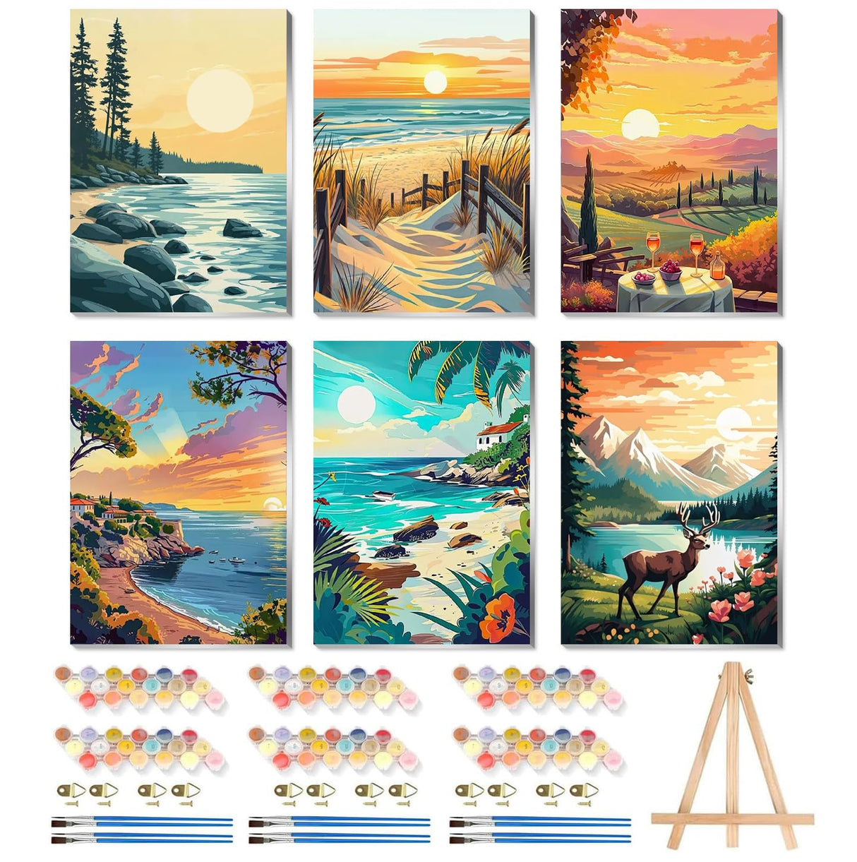 6 Pack Sunset Paint by Numbers Kit for Adults, Adult Paint by Number Kits with Easel, Landscape Paint by Numbers for Adults, DIY Acrylic Painting on Canvas for Home Wall Art Decor 8x12 Inch CraftCraze