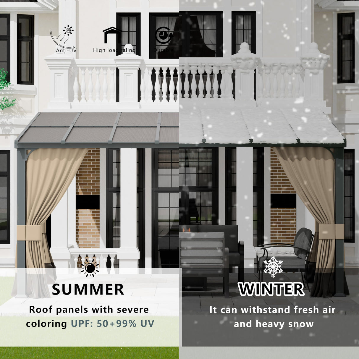 ASJMR 10x14FT Gazebo, Hardtop Wall Mounted Gazebo with Sloping Sun Panel Roof, Awnings for Patio with Metal Frame, Double Curtains for Garden, Lawn, Backyard Deck, Sand ASJMR