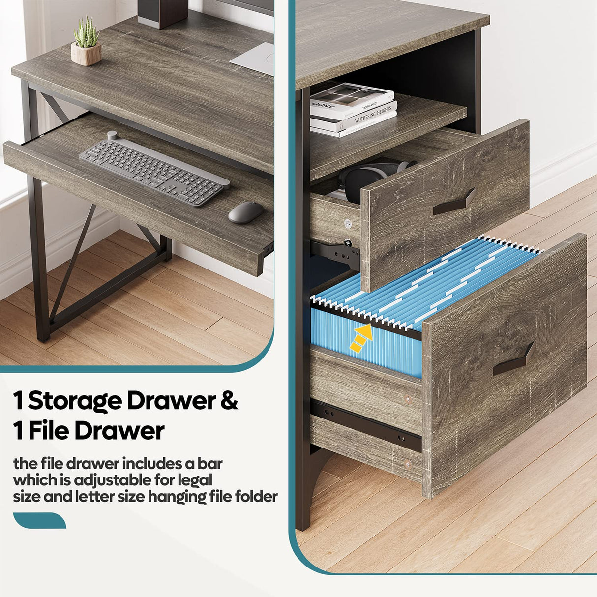 Bestier Office Desk with Drawers, 55 inch Industrial Computer Desk with Storage, Wood Teacher Desk with Keyboard Tray & File Drawer for Home Office, Dark Gray Oak Bestier