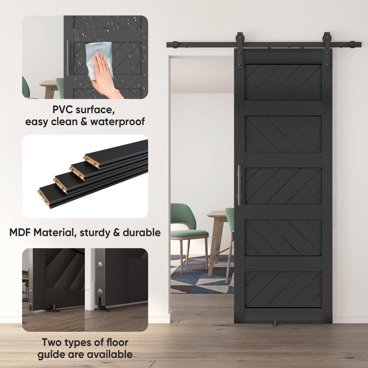 JUBEST 30" x 84" Barn Door, Slding Barn Door Kit Wave Shape Barn Door Panel with Hardware Kit Include, Easy Installation, MDF Board & PVC Covered, Black JUBEST