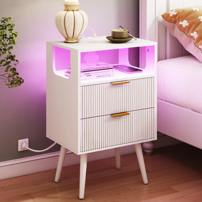 JOONEE White Nightstand with Charging Station and LED Lights,Modern Bedside Table with 2 Storage Drawer and Open Wood Shelf, for Bedroom and Small Spaces,Night Stand with Solid Wood Legs, Whi - WoodArtSupply