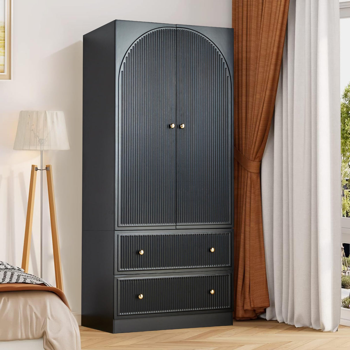 ORRD Black Freestanding Armoire Wardrobe Closet with 2 Doors and 2 Storage Drawers, Large Capacity Wardrobe Cabinet, Wooden Closet for Bedroom ORRD
