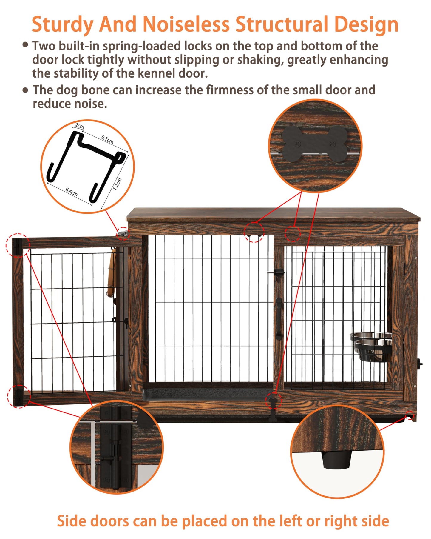 Piskyet Wooden Dog Crate Furniture with 360°Rotatable Removable Dog Bowls, Dog Crate End Table with Tray, Double Doors Dog Kennels for Dogs(M:31.8" L*22.1" W*24.1" H, Rustic Style) - WoodArtSupply