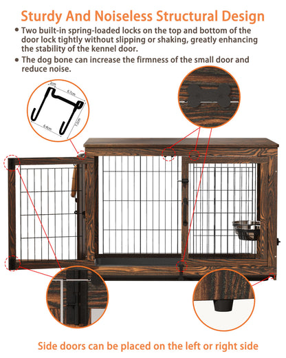 Piskyet Wooden Dog Crate Furniture with 360°Rotatable Removable Dog Bowls, Dog Crate End Table with Tray, Double Doors Dog Kennels for Dogs(M:31.8" L*22.1" W*24.1" H, Rustic Style) - WoodArtSupply