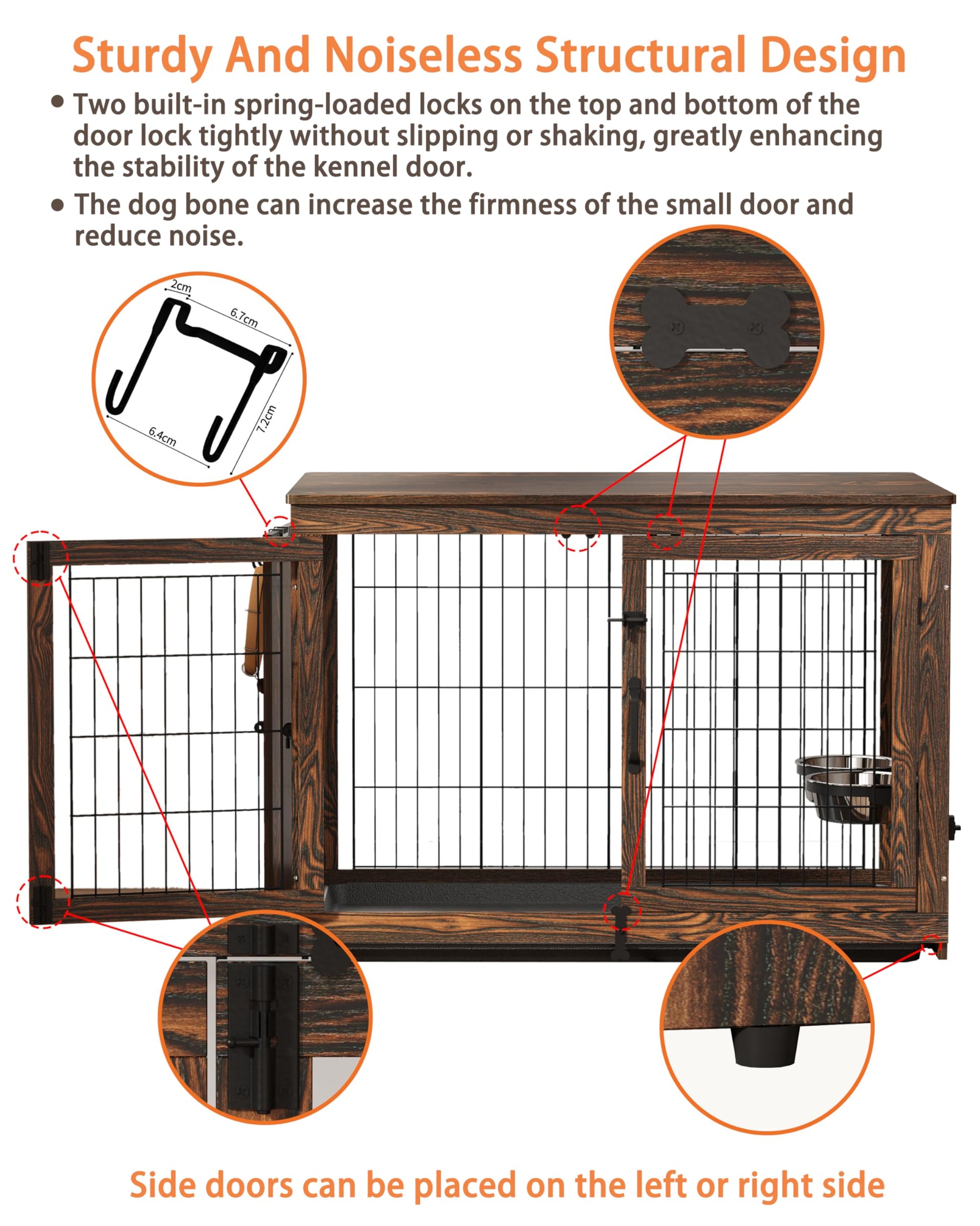 Piskyet Wooden Dog Crate Furniture with 360°Rotatable Removable Dog Bowls, Dog Crate End Table with Tray, Double Doors Dog Kennels for Dogs(XL:43.2" L*28.6" W*30.3" H, Rustic Style) - WoodArtSupply