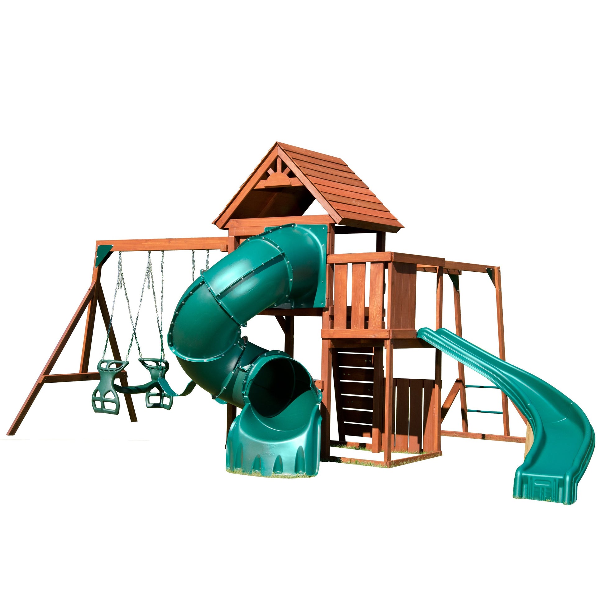 Swing-N-Slide Grandview Twist Play Set with Two Slides, Two Swings, Monkey Bars, Glider and Climbing Wall - WoodArtSupply