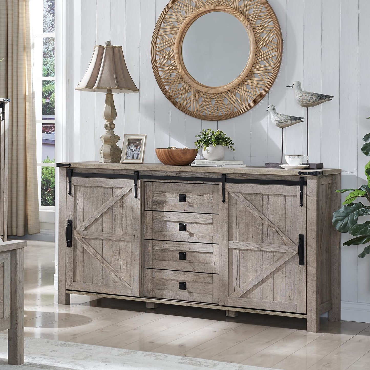 Rustic Oak Farmhouse Buffet Cabinet with Sliding Barn Doors and 4 Drawers - 60" Storage Solution