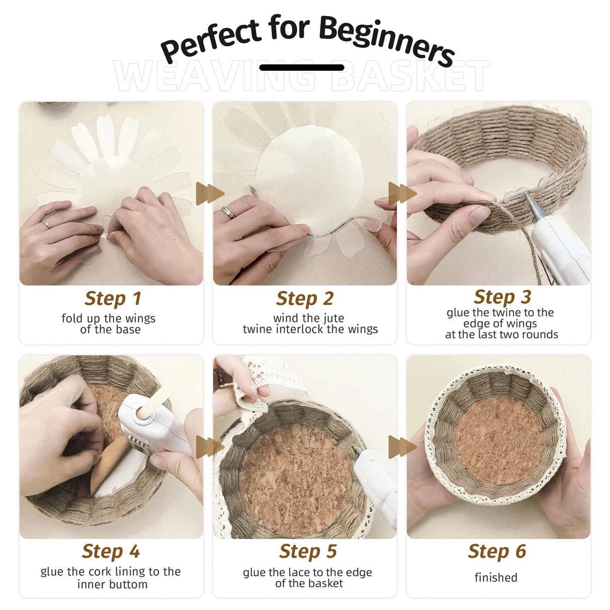 8 Sets Basket Weaving Craft Kit for Beginners,DIY Burlap Style Desk Storage Small Parts Candy Cookies Bowls,8 inches Plastic Base and 109yd Jute Twine and Cork Linings & Lace & Hot Glue Sticks AOUXSEEM