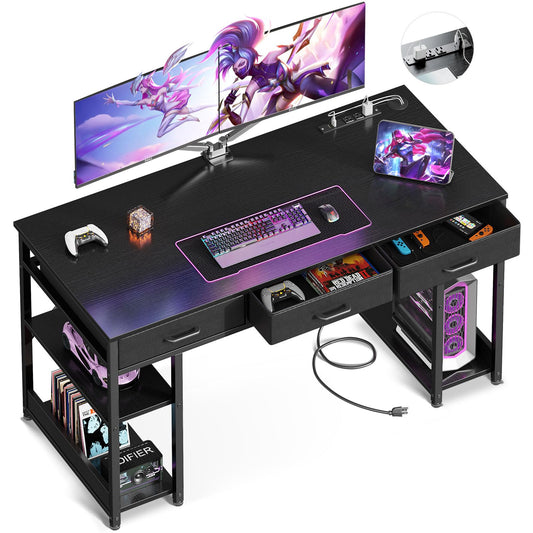 AODK 55 Inch Gaming Desk with Fabric Drawers & Power Outlets, Computer Desk with Storage Shelves & CPU Stand, Gamer Table, Study Desk with Type-C & USB, Writing Desk for Bedroom, Black