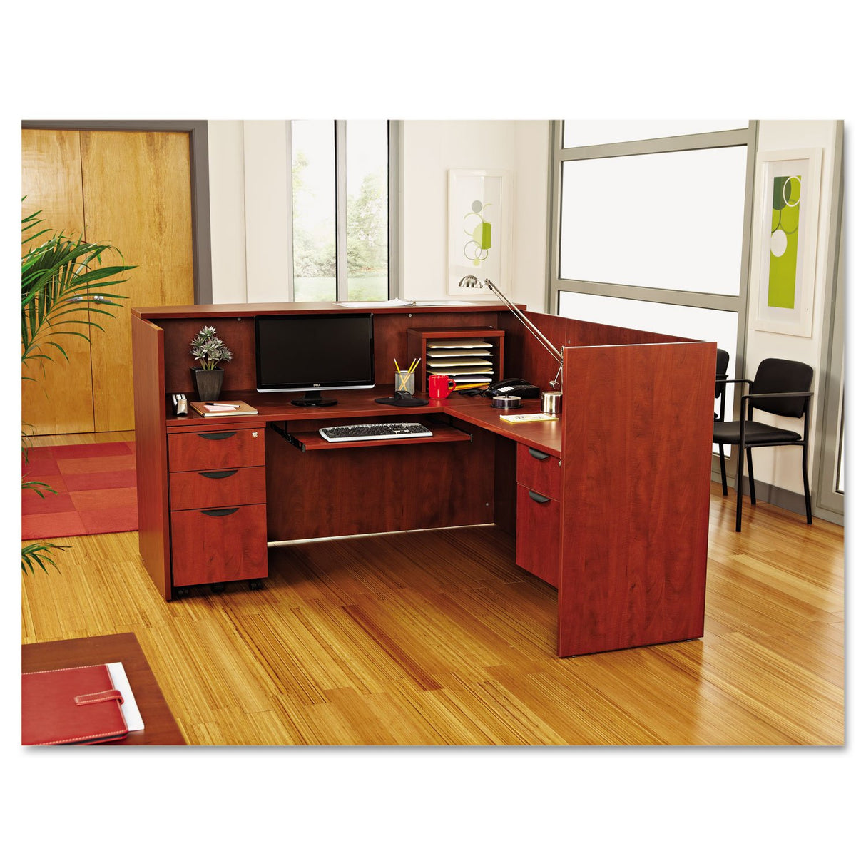 Alera ALE Valencia Series Reception Desk w/Counter, 71w x 35 1/2d x 42 1/2h, Cherry Alera