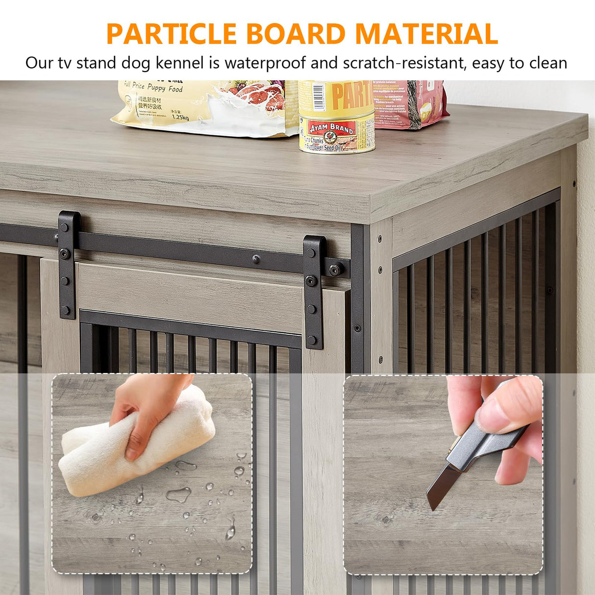 Yafylly 2-in-1 Double Dog Crate Furniture with Divider 60.6 Inch Grey Sturdy Dog Kennel TV Stand with 2 Sliding Doors and Thick Iron Door Frame for 2 Dogs Yafylly