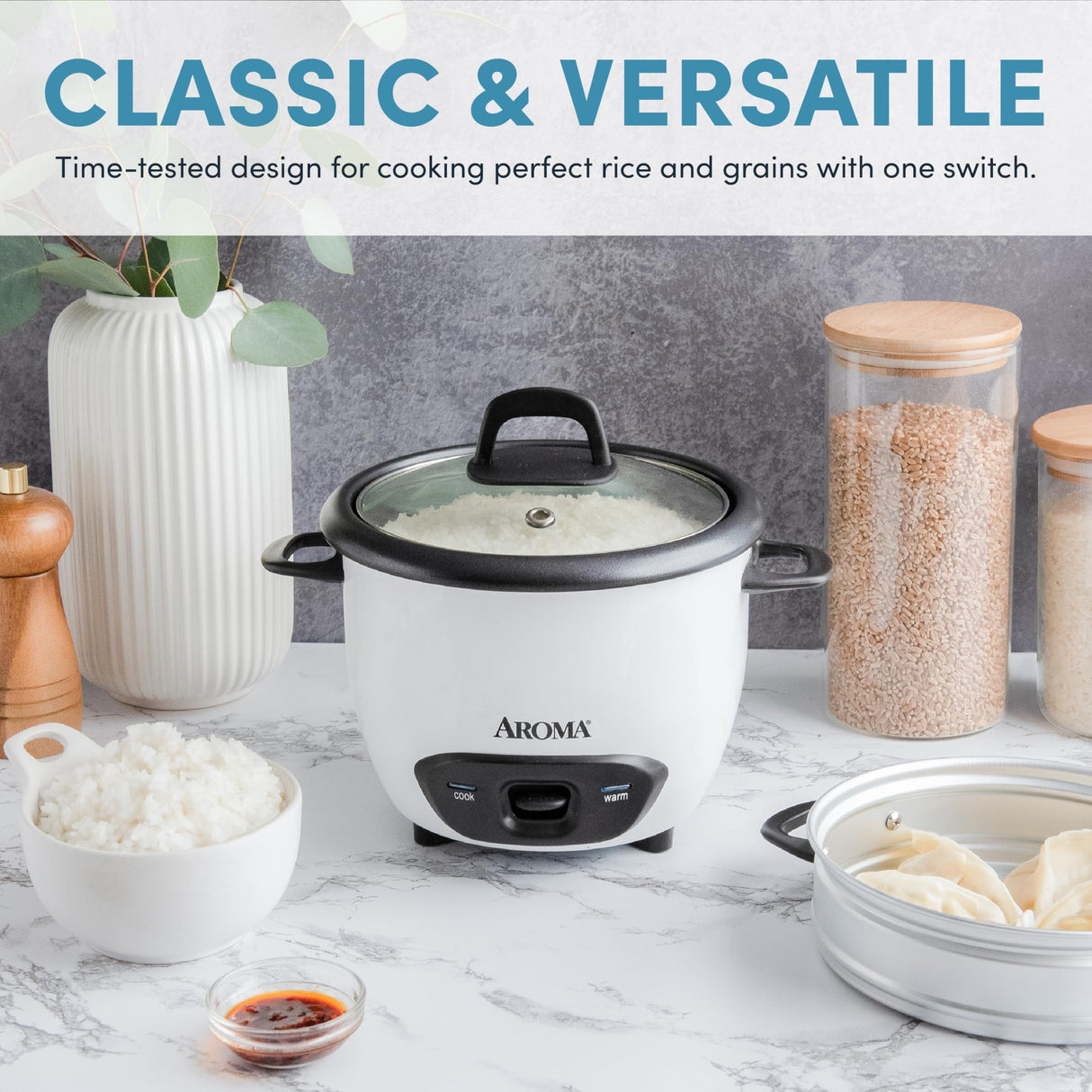 Aroma Housewares 6-Cup (Cooked) (3-Cup Uncooked) Pot Style Rice Cooker and Food Steamer (ARC-743-1NG), White AROMA