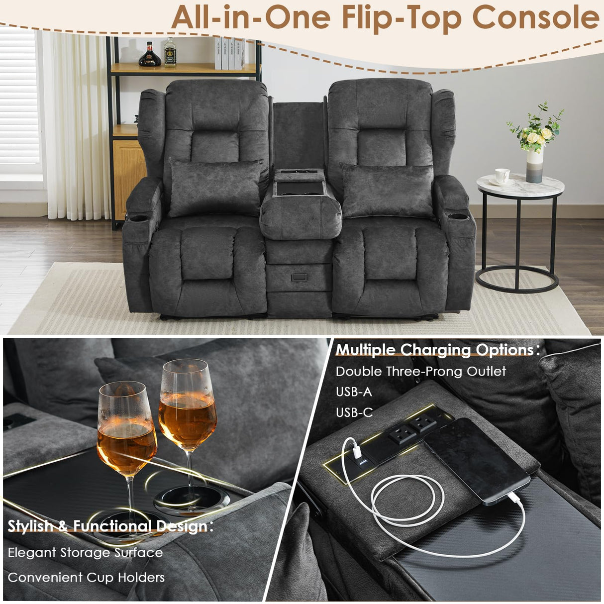 SAMERY 68" RV Loveseat Recliner Sofa, 6" Wall Hugger Reclining Loveseat with Flip-Down Console, Manual Velvet Recliner Sofa Couch for Living Room RV Theater Seating with Cup Holder SAMERY