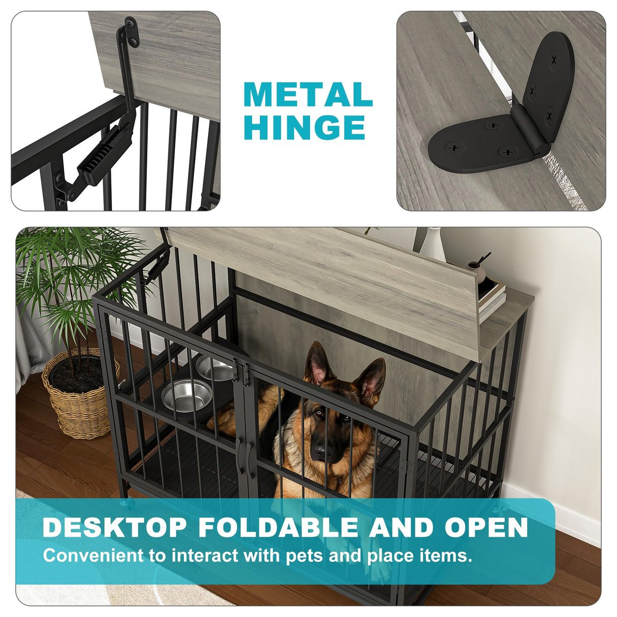 Dog Crate Furniture, Modern Dog Crate Table for Medium Large Dogs, Wooden Dog Kennel Indoor End Table with Removable Tray, Double-Door Dog House with Wheels, Heavy Duty Dog Cage with Flip-Top (Grey) VERYKE