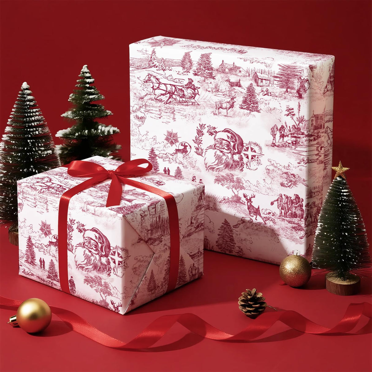 WRAPAHOLIC Toile Vintage Christmas Wrapping Paper - Mini Roll - 17 Inch x 16.5 Feet - Santa Toile de Jouy Red Christmas Wrapping Paper for Xmas Holiday, Party Celebration WRAPAHOLIC