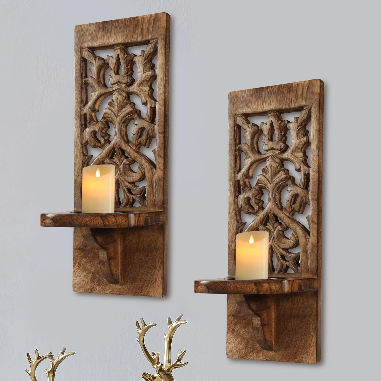 Wall Mount Rustic Candle Scones Set of 2, Wooden Candle Holders, Floating Shelves Pillar Candle Sconce, Hanging Shelf Farmhouse Wall Décor for Living Room Bedroom Bedroom - 16 Inch - Antique  - WoodArtSupply